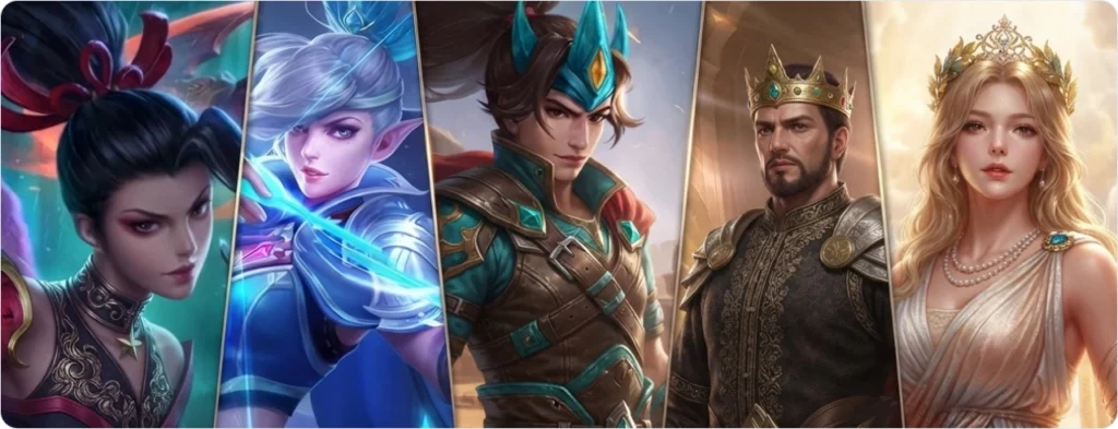 Een line-up van fantasiehelden die verschillende personages en vechtstijlen in Mobile Legends vertegenwoordigen.
